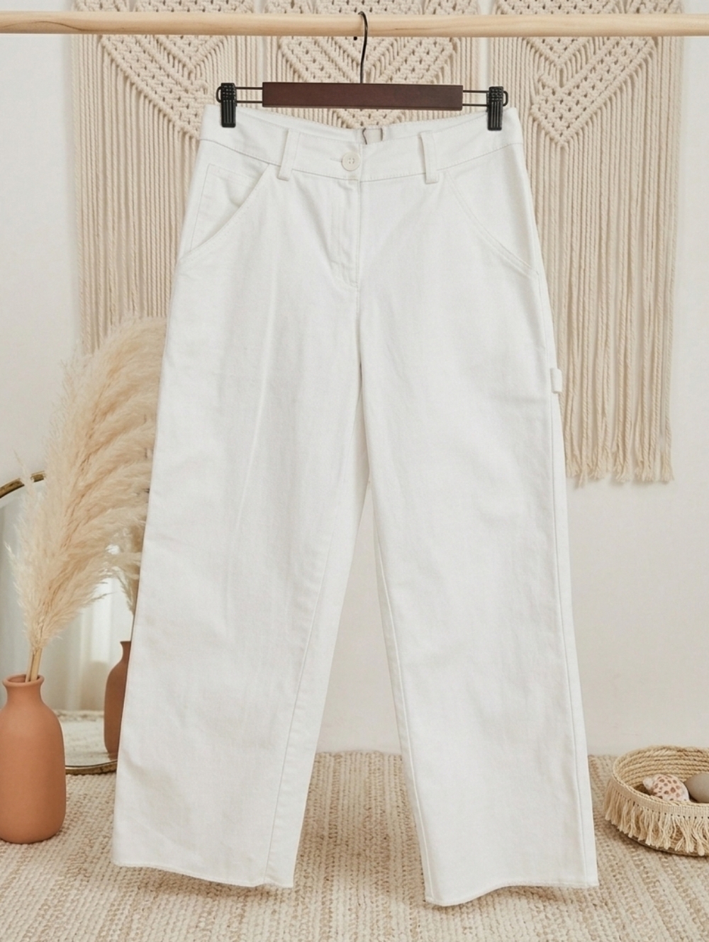 FREE PEOPLE White Denim Cropped Raw Hem Cotton Wide Leg Carpenter Jeans